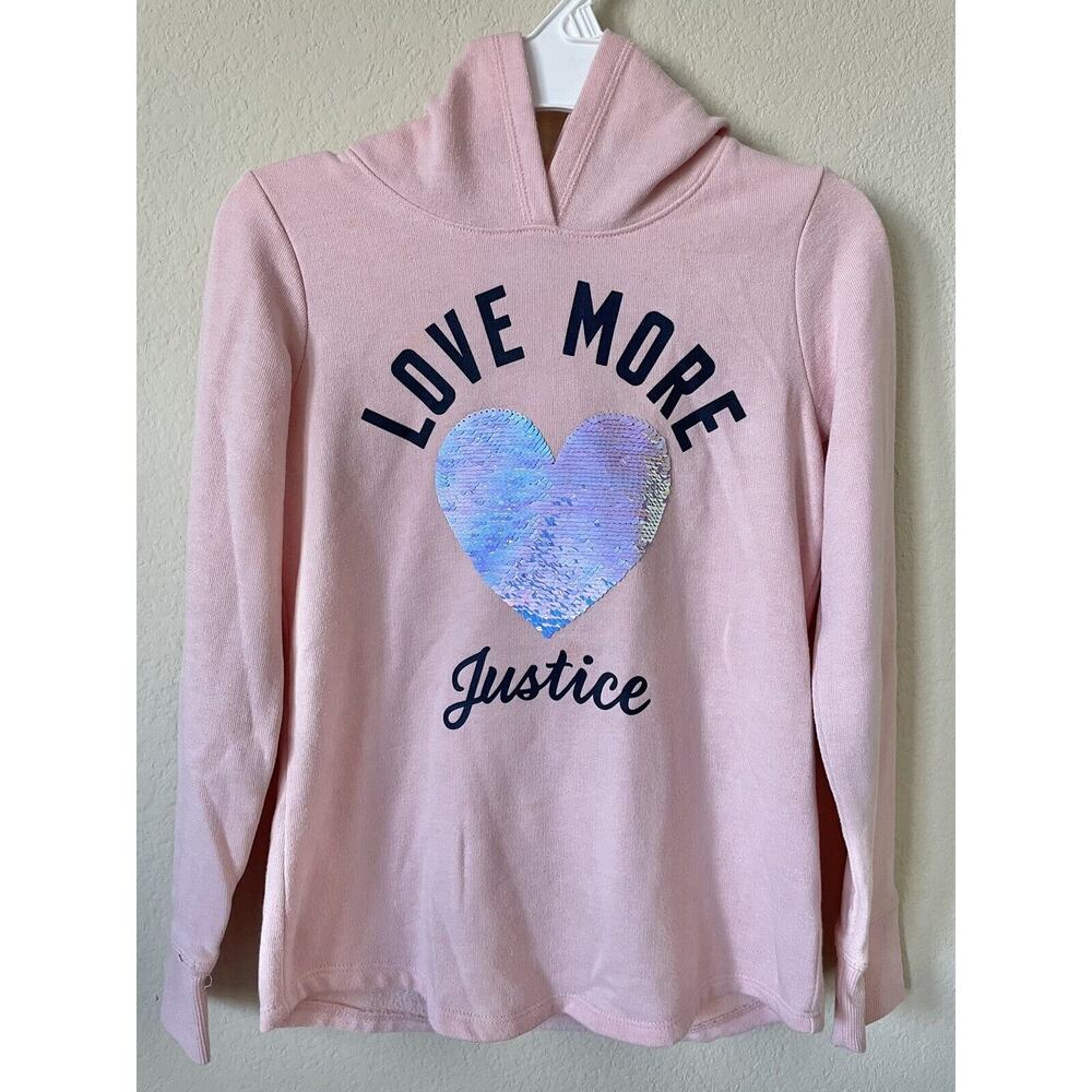 Justice Pink Flip Sequin Heart Love More Justice Girls’ Pullover Hoodie Size 8